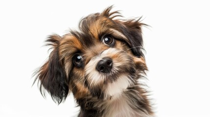 Wall Mural - Adorable Tibetan Terrier Puppy Gazing Up with Curiosity on Clean White Background