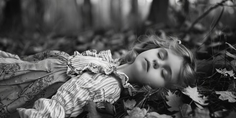 Poster - A young girl lies on the ground with her eyes closed, possibly resting or in a contemplative state