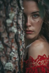 Wall Mural - A woman with freckles leans against a tree, looking relaxed