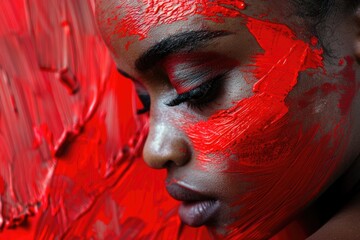 Aufkleber - A person with bright red facial paint, possibly for a festival or performance
