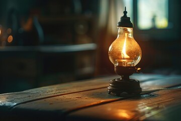 Poster - A single light bulb sits on top of a wooden table, providing a warm glow