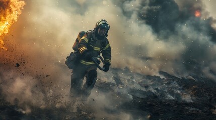 Wall Mural - A tired firefighter, with his firefighter uniform, black pants with refractory, on a firefighting mission, smoke is seen behind