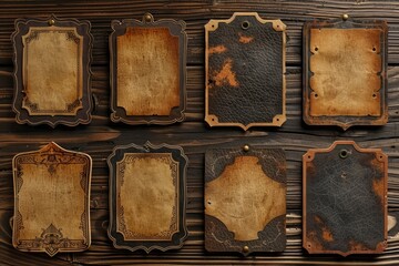 Poster - Collection of old leather labels on a wooden surface, great for rustic or vintage themed projects