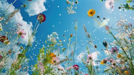 Sticker - A picturesque scene of a field covered with colorful wildflowers and a bright blue sky