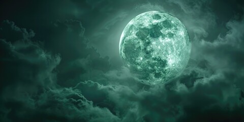 Poster - A picture of the full moon shining through cloudy skies, ideal for use in images about nature, astronomy or atmospheric conditions