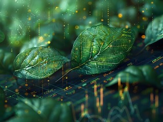 Poster - delicate leaves intertwined with financial visualizations depicting environmental and economic