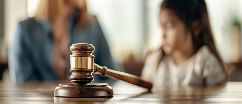 Close up of a legal judges hammer with a blurred child in the background, child custody concept