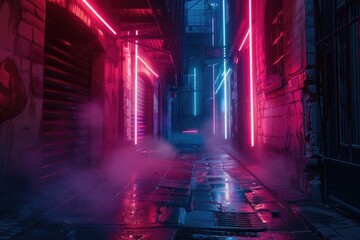 Poster - Urban scene with a dimly lit alley, neon signs reflecting off the wet pavement