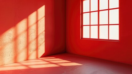 Wall Mural - Minimalistic concept depicting an empty corner with a deep window shadow in a red room