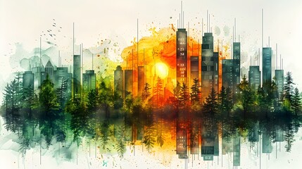 Poster - intricate green economy data visualizations with minimalist japanese ink wash drawing style