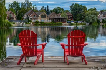 Wall Mural - Two red chairs sit on a dock overlooking a calm body of water