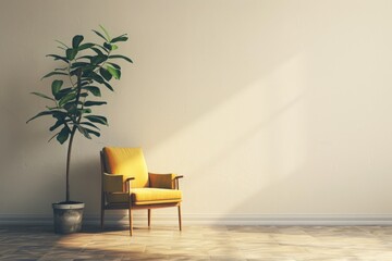 Wall Mural - A bright yellow chair sits next to a potted plant, perfect for a cozy reading nook or home decor inspiration
