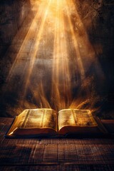 Poster - A book illuminated by a bright light sitting on a wooden table
