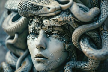 Poster - A statue depicting a woman with snakes wrapped around her head, often used for decorative or symbolic purposes