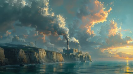 Wall Mural - A factory on a coastal cliff emits smoke against a dramatic sunset sky.