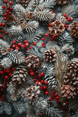 Poster - A collection of pine cones surrounded by red berries on a natural setting
