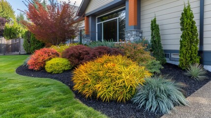 Poster - A house with a large yard with a variety of plants and shrubs