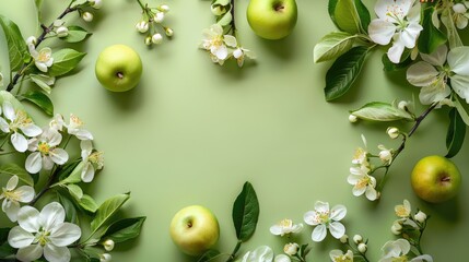 Wall Mural - Minimal spring concept with blooming tree branches apple flowers and fruit on green background