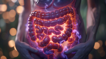 Wall Mural - Digestive health visualization Person ulcerative colitis depiction of the colon showing inflammation and ulceration