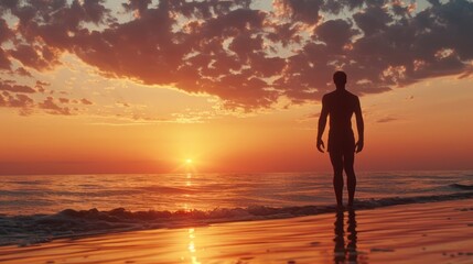 Poster - A person stands alone on a beach as the sun sets in the background, with warm tones and subtle shadows