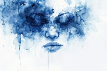 Sticker - A portrait of a woman with her face painted in shades of blue, creative expression or artistic statement