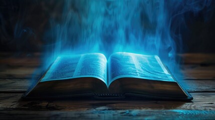 Poster - A book is open on a wooden table with smoke coming out of it