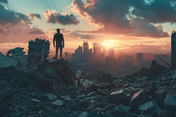 Aufkleber - A person standing on top of a pile of rubble, possibly after a natural disaster or destruction