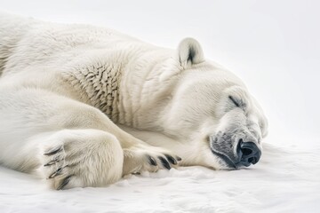 Poster - A large white polar bear lying down on a snowy surface, perfect for winter or cold weather themed projects