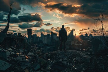 Aufkleber - A person standing on top of a pile of debris, possibly after a natural disaster or construction site