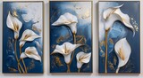 Elegant White Calla Lily Paintings in Blue and Gold on Three Frames with White Background