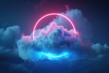 Poster - A pink and blue neon circle floats in the clouds, creating a vibrant display of light and color