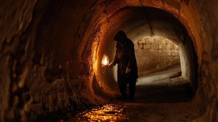 Poster - A person stands in a tunnel holding a light, providing some visibility in the dark