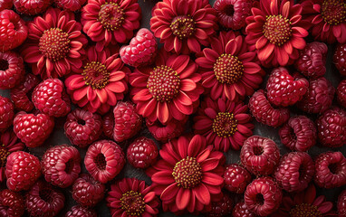 Top view of many raspberries, in the shape of flowers, red color, pattern. Created with Ai