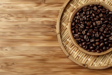 Poster - A basket filled with coffee beans on a wooden table, perfect for a coffee shop or cafe scene
