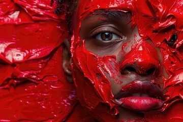 Poster - Close-up shot of a person's face painted with bright red color, suitable for creative or artistic projects
