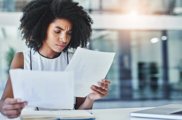 Aufkleber - Frustrated, reading and woman in office with documents invoice and budget management. Stress, admin lady and company paperwork in workplace for review, development and analysis of business report