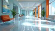 © venusvi - A brightly lit hospital corridor with modern furnishings and artwork, stretching into the distance with numerous patient rooms and seating areas.