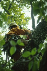 Poster - A person cutting branches with a chainsaw in a tree, useful for outdoor or nature-themed projects