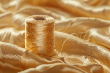 Canvas Print - A spool of thread sits atop a golden cloth, offering a glimpse into a world of creativity and craftsmanship