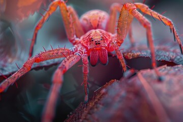 Wall Mural - A close-up shot of a spider sitting on a green leaf