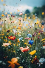 Poster - A vibrant field of colorful flowers against a bright blue sky