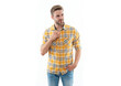 © be free - Man in checkered shirt isolated on white. Stylish man with stylish hairstyle. Trendy male fashion style. Male casual style. Caucasian casual guy. Chill vibe