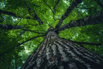 Aufkleber - A tall tree standing alone in the midst of a dense forest, surrounded by lush greenery and dappled sunlight