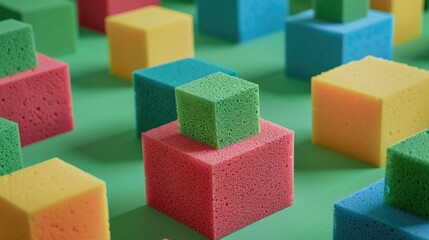 Poster - A group of colorful blocks arranged on a green surface, perfect for illustrations and design projects