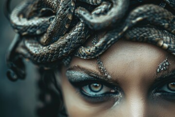 Poster - A close-up shot of a woman with a snake wrapped around her head