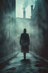 Poster - A person wearing a hat and coat strolling along a city street