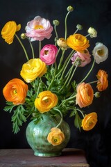 Poster - A bright and cheerful flower arrangement in a green vase, perfect for home decor or as a gift
