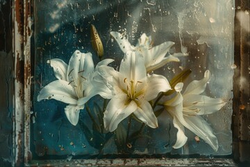 Poster - Two white flowers sit in a vase on a sunny windowsill