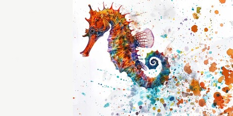Poster - A vibrant seahorse decorated with colorful paint splatters, great for use in children's educational materials or design projects