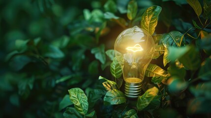 Poster - A single light bulb sits atop a leaf-covered tree branch